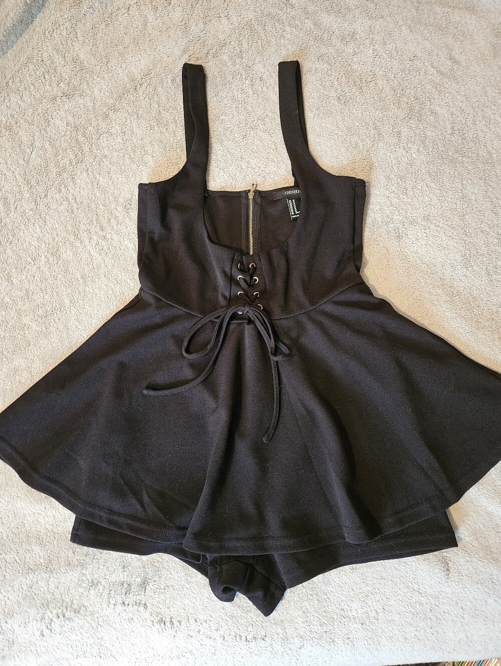 Black Shirred Lace-Up Skater Romper